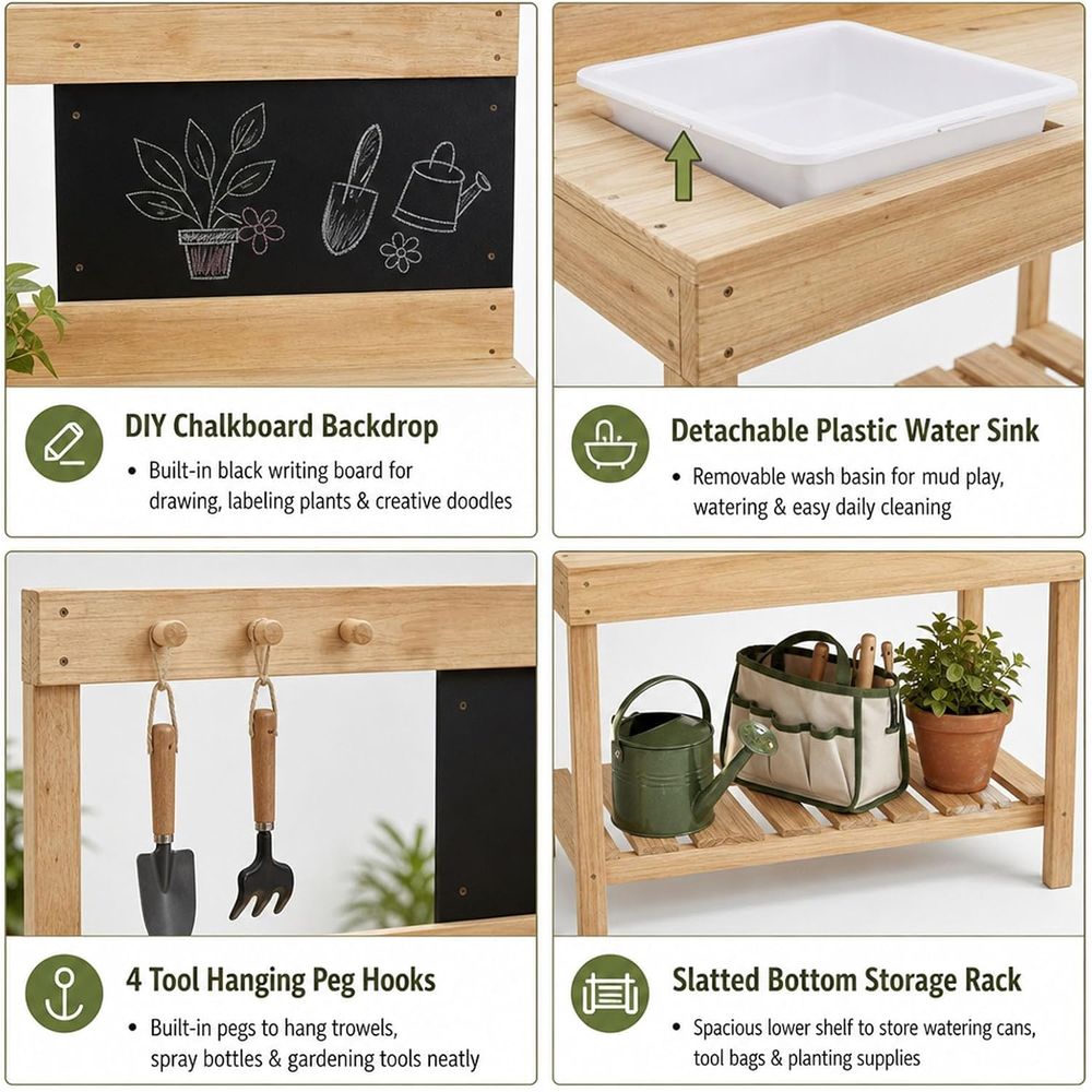 Kids Wooden Potting Bench Mud  - Kids Outdoor Mud Table 评论和价格
